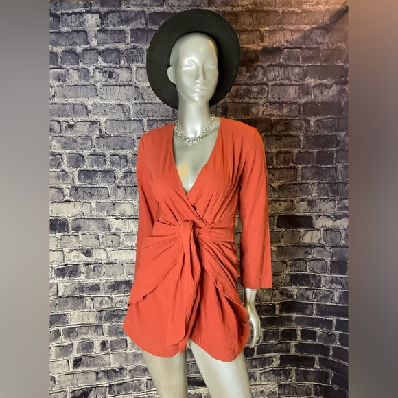 Rust Orange Long Sleeve Wrap Mini Dress - Picture 6 of 6